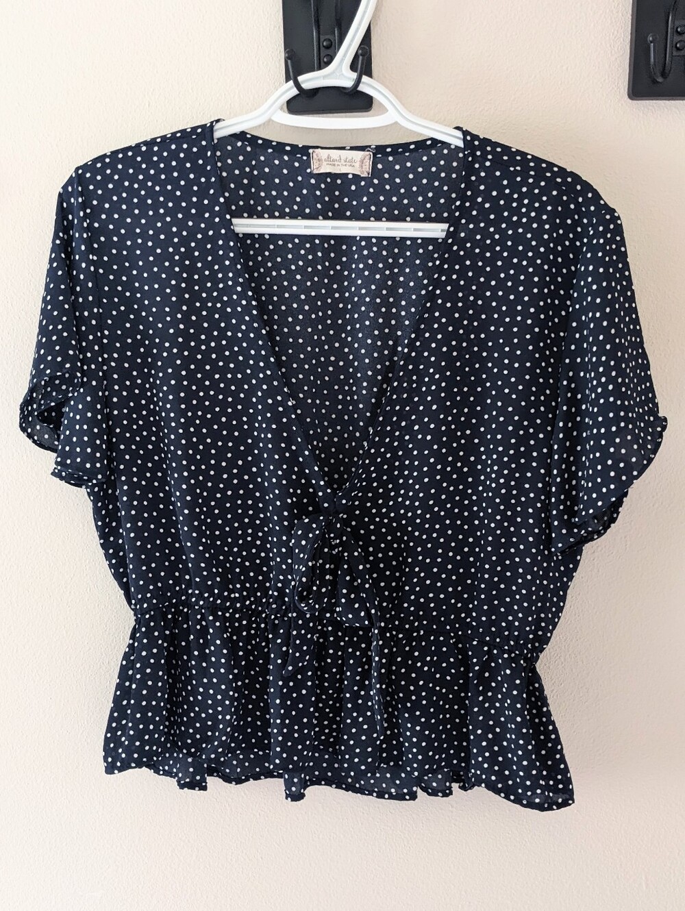 altar'd state Navy Blue Polka Dot Peplum Blouse Sz L Made In USA Feminine